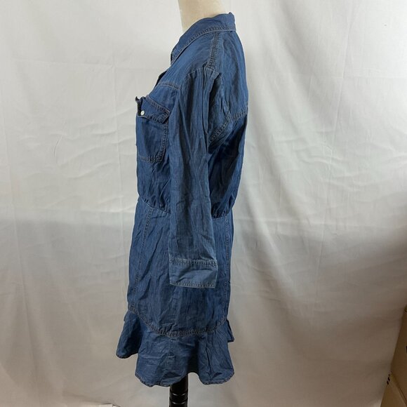 Veronica Beard Chambray Dress 10 Blue Snap Front Long Sleeve Pucker Pleats - Picture 7 of 13